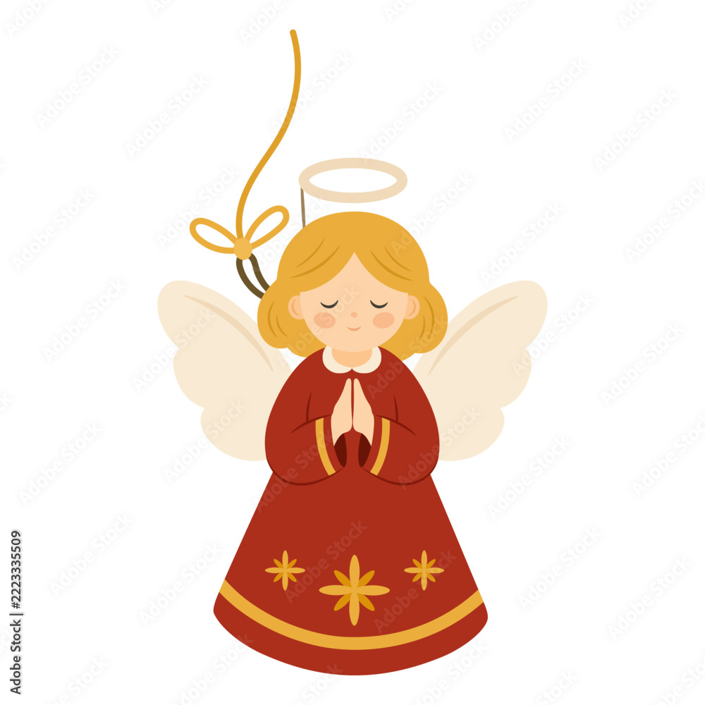 Naklejka premium Christmas angel ornament tree bauble hanging pendant with praying wings for winter holiday decoration isolated on transparent background. Seasonal cherub toy. Vector illustration.