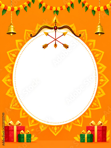Orange Dussehra Festival Background with Bow Arrow, Floral Mandala and Festive Gift Boxes

