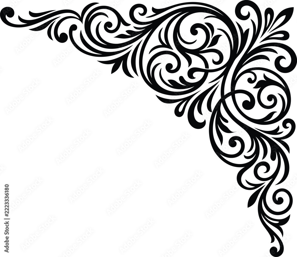Fototapeta premium An intricate black and white decorative corner ornament featuring elegant swirling filigree motifs in a classic Victorian style