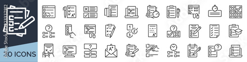 Set of 30 outline icons related to exam, quiz. Linear icon collection. Editable stroke. Vector illustration