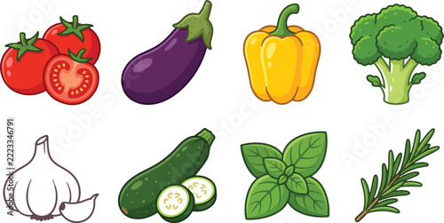 Set of colorful vegetable and herb vector illustrations