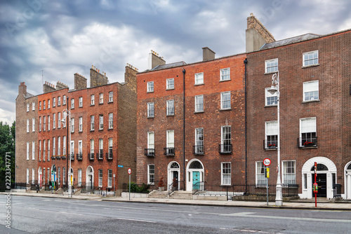 Street view of Merrion Street Upper with traditional houses in Dublin, Ireland. Daytime shot of georgian architecture