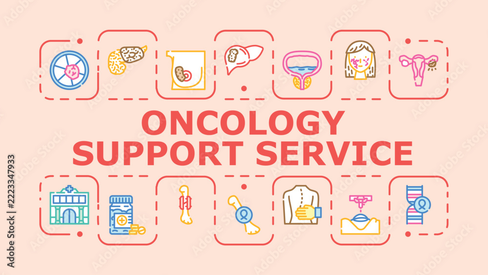 Obraz premium Oncology support service banner infographic. Therapy education, treatment coordination, guidance survivorship icon vector illustration