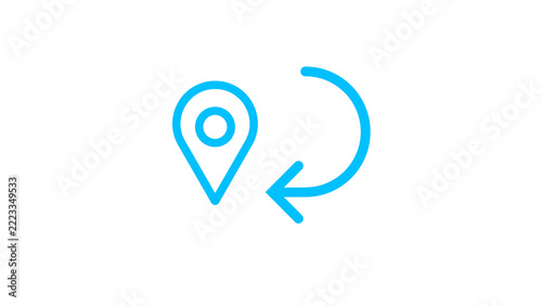 Cyan map pin with curved arrow returning back for location reset and navigation back symbol.