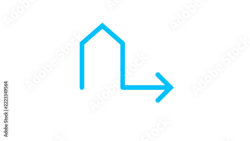 Blue line path arrow turning right angle isolated on white for directional wayfinding signage.
