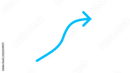 Blue curved arrow line rising upward isolated on white for statistical growth visualization.