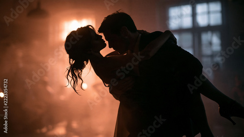 Romantic Couple Silhouette Embracing in Dramatic Backlight