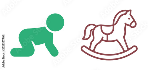 Two simple featuring a green crawling baby silhouette and a brown rocking horse toy isolated on a clean white background, for nursery