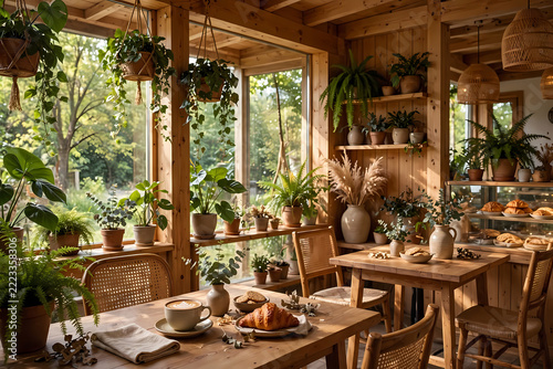 Charming outdoor cafe with wooden tables, chairs, and market umbrellas set in a lush summer garden patio area