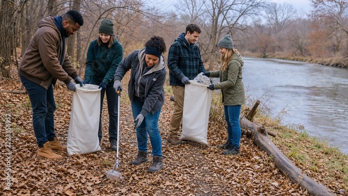 Group of volunteers cleaning riverside trail in late autumn with bags for collected debris. Participants are actively involved in environmental conservation efforts during fall season.
