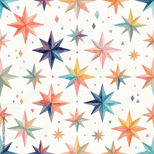 Seamless Colorful Watercolor Starburst Pattern with Geometrical Eight-Point Stars, Sparkles, and Celestial North Star Motifs, Festive Pastel Wallpaper Background