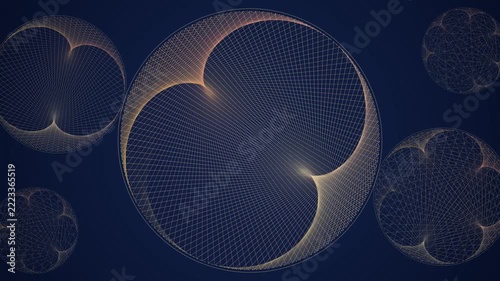 Golden string art curves weaving geometric circles on navy, seamless loop