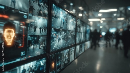 Futuristic Digital Surveillance Display in Modern Public Space.