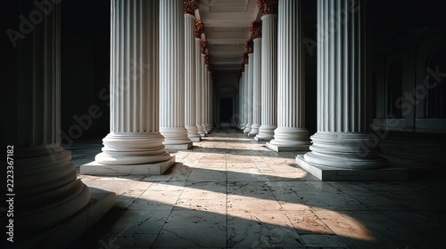 Ancient Classical Columns in Historic Architectural Structure.
