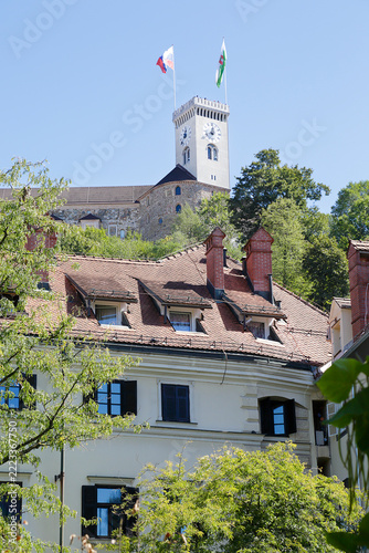 Old town and the medieval Ljubljana castle on top of a forest hill in Ljubljana, Slovenia