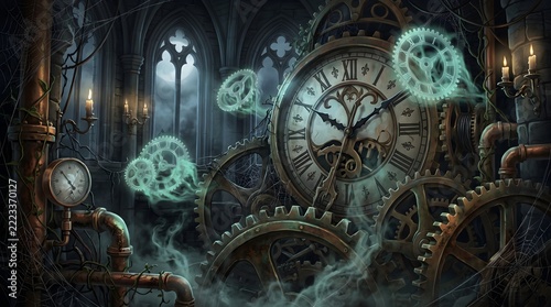 Detailed steampunk gothic illustration showing spooky haunted clockwork gears covered in spiderwebs with spectral ectoplasm glowing inside an old tower