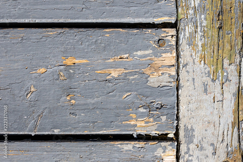 Quebec, Canada, 22 August 2026 : Close-up of weathered wooden planks with peeling grey paint and a rusty nail