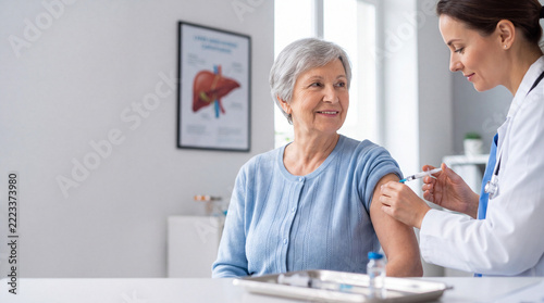 Senior woman receives a hepatitis vaccination by intramuscular injection from a female doctor during a preventive healthcare visit at a modern clinic.