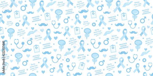 A light blue and white repeating seamless pattern featuring prostate cancer awareness ribbons, medical symbols, moustaches, and supportive messages promoting early detection and men’s health awareness