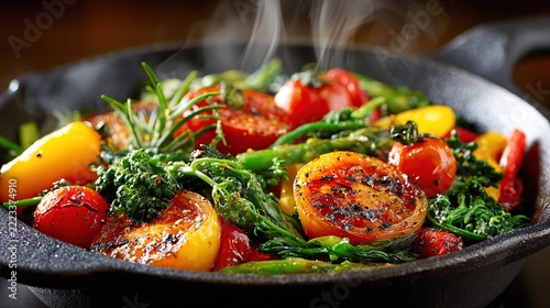 Fresh Vegetable Stir Fry in a Black Pan with Steam.