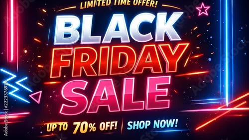 Black Friday sale banner with bright neon lights and discount offer up to 70 percent on dark background