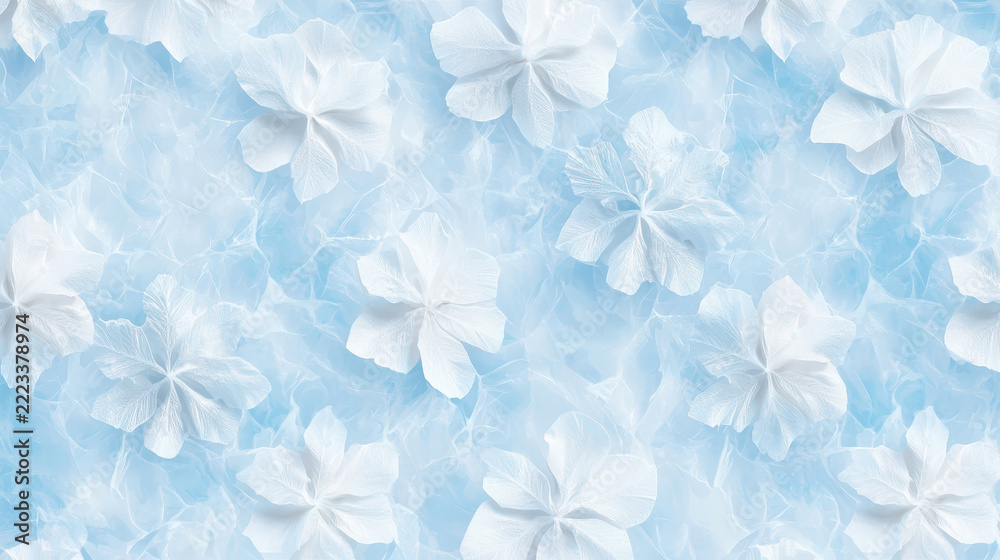 Fototapeta premium Delicate white flowers scattered on soft light blue background create serene and calming atmosphere, perfect for various design projects