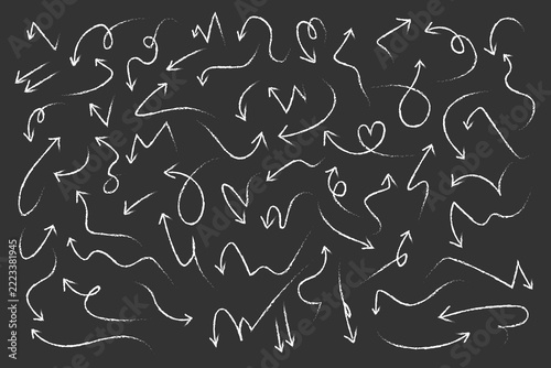 White Hand Drawn Sketch Arrows Set on Black Background, Curved Doodle Directions