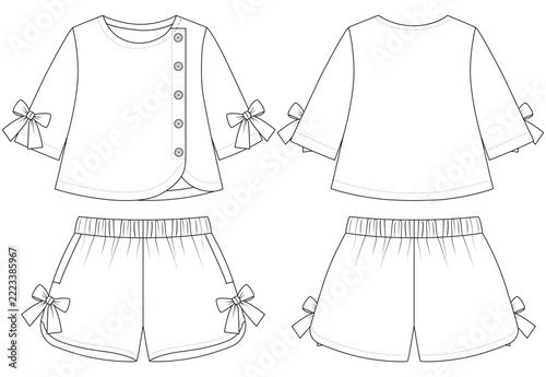 baby Girls Summer Outfit Fashion Technical Flat Sketch with Short Sleeve Top and Bow Shorts Front and Back Views