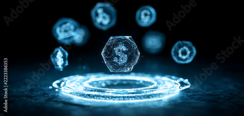 Futuristic digital currency network with holographic geometric symbols floating in space with surrounded floating geometric icons emitting cool blue light against dark