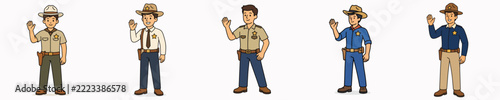set of vector illustrations of a male sheriff standing and waving his hand