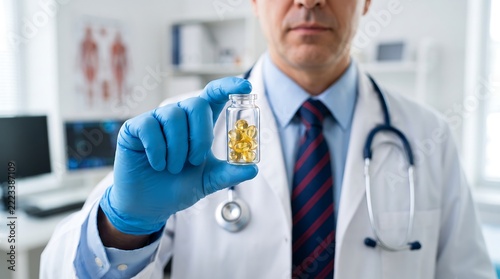 Doctor holding bottle of prescription medication in clinical office with physician pharmaceutical medicine healthcare