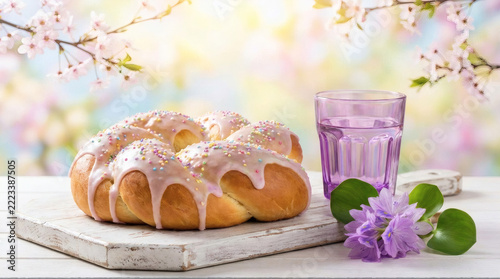 Sweet braided Easter bread with pink glaze and colorful sprinkles on a white wooden board with spring blossoms