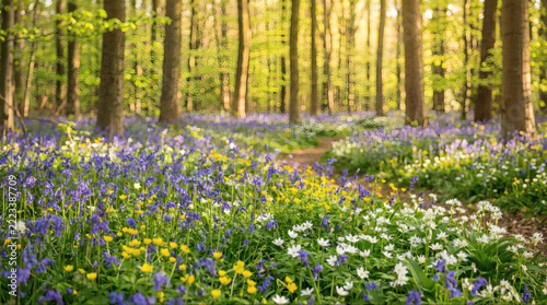 Scenic spring forest landscape with a path through a colorful meadow of bluebells and wildflowers in golden morning light