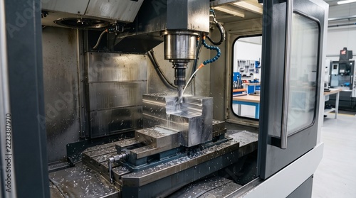 Precision CNC Milling Machine Manufacturing a Metal Component in an Advanced Engineering Workshop