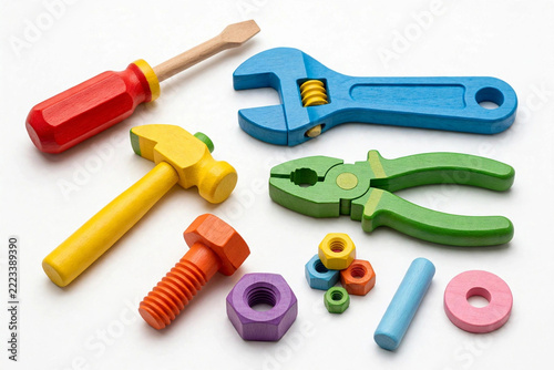 set of wooden play toy tools