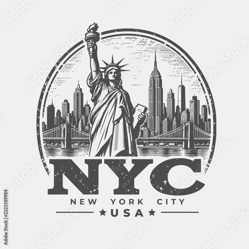 Vintage NYC Travel Print with Statue of Liberty and Skyline