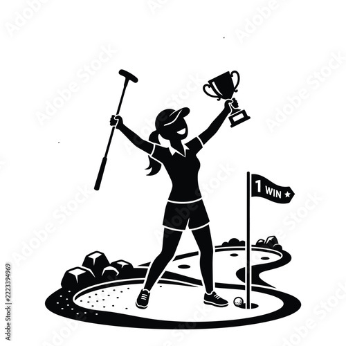 Woman Golfer Celebrates Victory Holding Trophy and Club.