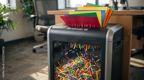 Office shredder producing colorful paper confetti strips