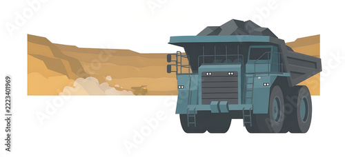 Flat Vector Illustration of Heavy Mining Haul Truck Carrying Coal in Open Pit Mine