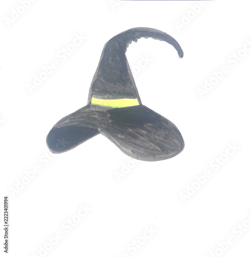 Hand drawn acrylic marker illustration of a black witch hat with a yellow band. Simple bold style on white background. Ideal for Halloween, magic, costume, party and seasonal designs, greeting cards 