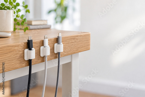 Three Charging Cables Organized with Cable Clips on Wooden Desk