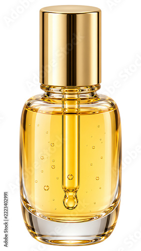 Glass dropper bottle with golden liquid serum and metallic cap, skincare cosmetic container isolated on a transparent background