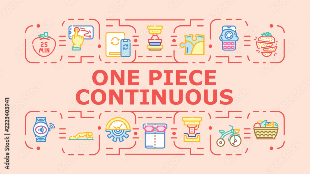 Obraz premium One piece continuous banner infographic. Merged joined, flowing extended, ongoing uninterrupted icon vector illustration