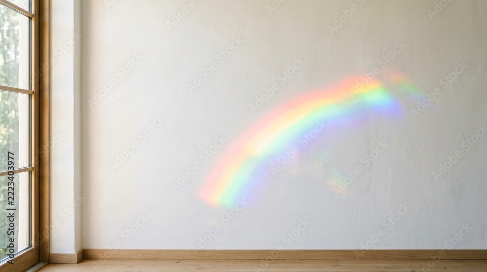 Fototapeta premium A gentle and colorful optical rainbow reflection glowing softly on a plain white wall inside a modern minimalist empty room interior