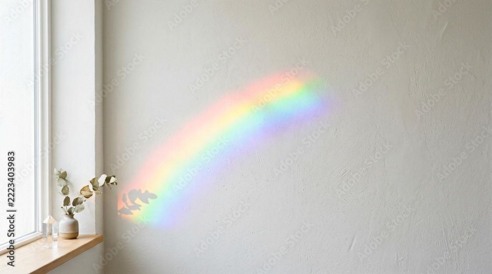 Fototapeta premium A stunning rainbow reflection dances across a textured white wall next to a sunlit window with a minimalist vase and dried eucalyptus branch