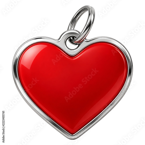 Glossy red heart shaped pendant with a polished silver metal rim and attachment ring isolated on a transparent background