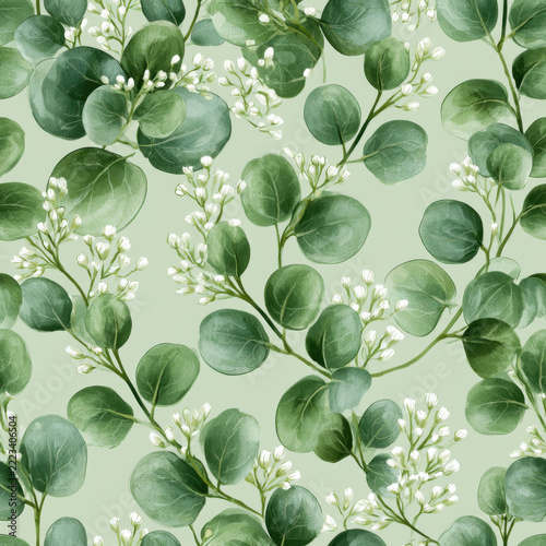 Seamless pattern, miniature eucalyptus round leaves and micro white flower buds, soft pastel sage green background, clean botanical line art,