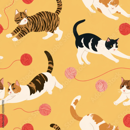 Seamless pattern, tabby and calico cats stretching and scattered yarn balls, butter yellow background, minimal flat vector art, crisp clean outlines