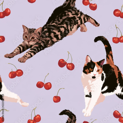Seamless pattern, tabby and calico cats stretching and scattered cherries, pale lilac background, clean flat vector illustration
