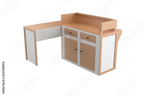 Modern Reception Desk with Lockable Storage Drawers and White Side Table Extension for Office or Boutique Retail Storefronts, Minimalist 3D Illustration Isolated on a White Background for Business